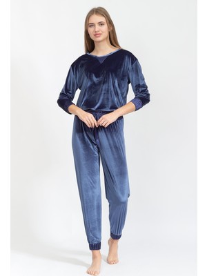 Rosaleen Kadife Kadın Pijama Takımı Lacivert