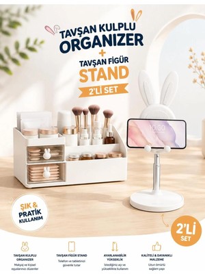 Maison Luré Tavşan Figürlü Makyaj Organizer ve Telefon Standı Seti, Beyaz Makyaj & Takı Organizeri