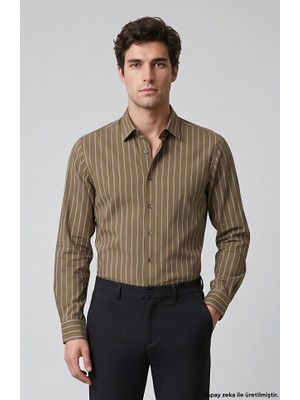 Network Haki Slim Fit Çizgili Gömlek