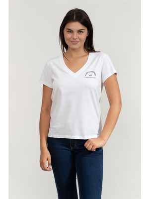 Karl Lagerfeld Kadın V Yaka T-Shirt Beyaz