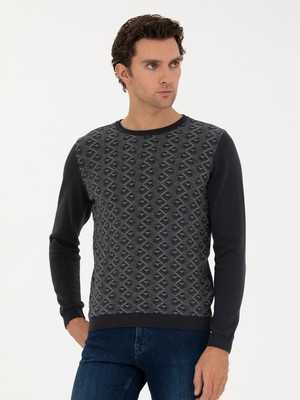 Cacharel Antrasit Slim Fit %100 Pamuk Bisiklet Yaka Triko Kazak