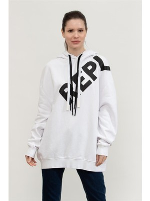Replay Over Kadın Kapüşonlu Sweatshirt Beyaz