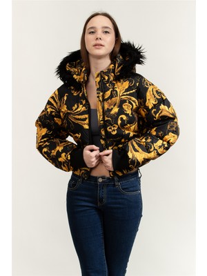 Versace Jeans Couture 50D Printed Porcelain Baroque Kadın Şişme Mont Siyah