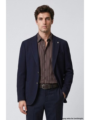 Network Slim Fit Lacivert Diyagonal Desen Yün Mix Ceket