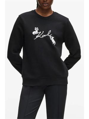 Karl Lagerfeld Ikon Signature Choupette Kadın Bisiklet Yaka Sweatshirt Siyah