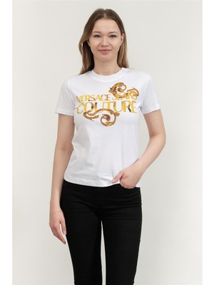 Versace Jeans Couture 76HAHG00CJ00G R Logo Watercolor T-Shırt Beyaz