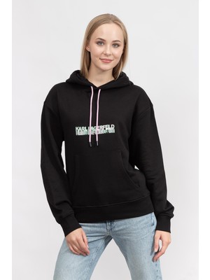Karl Lagerfeld Logo Kadın Kapüşonlu Sweatshirt Siyah