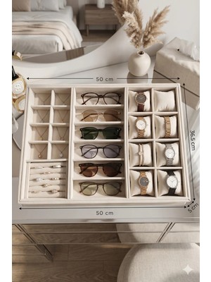 Maison Luré Xlarge Krem Kadife Takı Organizer Tablası, Saat, Gözlük, Yüzük ve Küpe Için
