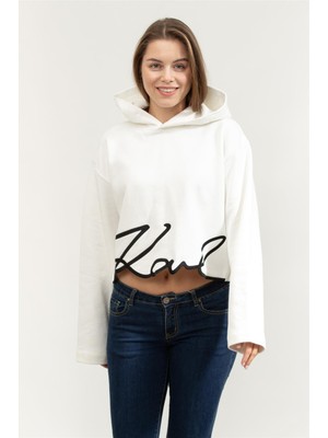 Karl Lagerfeld Karl Signature Hem Kadın Kapüşonlu Sweatshirt Krem