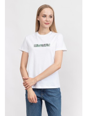 Karl Lagerfeld Logo Kadın Bisiklet Yaka T-Shirt Beyaz