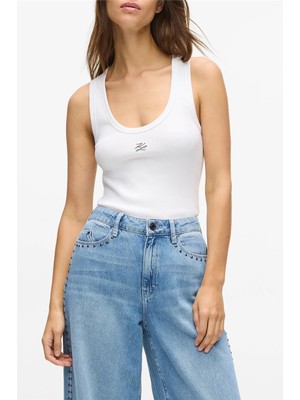 Karl Lagerfeld Ribbed Tank Top Kadın Kolsuz T-Shirt Beyaz