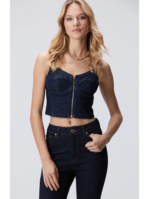 Network Lacivert Fermuarlı Denim Bluz