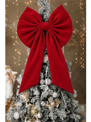 Beige & Stone Kurdele Yıllbaşı Ağaç Süs Noel Kırmızı Fiyonk 60X100 cm Büyük