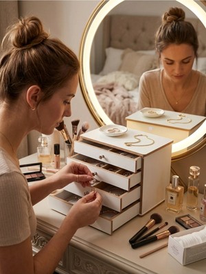 Maison Luré Şık ve Çok Amaçlı Ahşap Çekmeceli Makyaj Organizer, Beyaz, Premium Tasarım