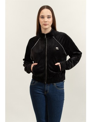 Karl Lagerfeld Ikon Velvet Zip Up Kadın Fermuarlı Sweatshirt Siyah