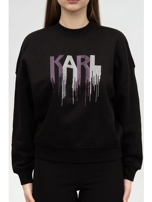Karl Lagerfeld Rhinestone Kadın Bisiklet Yaka Sweatshirt Siyah
