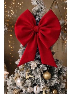 Beige & Stone Kurdele Orta Yıllbaşı Ağaç Süs Noel Kırmızı Fiyonk 70 cm
