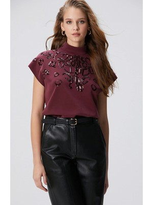 Network Bordo Payet Işlemeli T-Shirt