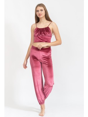 Rosaleen Kroplu Kadife Kadın Pijama Takımı Bordo