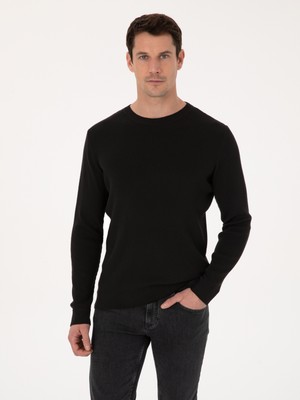 Cacharel Siyah Slim Fit Pamuk Karışımlı Bisiklet Yaka Selanik Örgü Triko Kazak