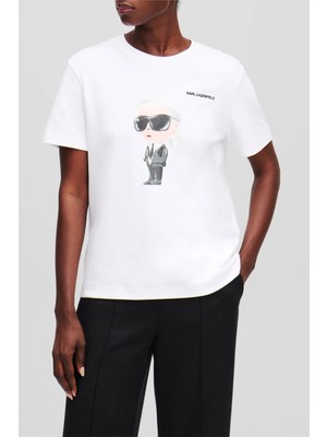 Karl Lagerfeld Ikon Aquarelle K Kadın Bisiklet Yaka T-Shirt Beyaz