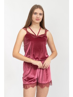 Rosaleen Kadife Şortlu Kadın Pijama Takımı Bordo