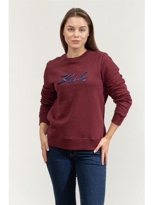 Karl Lagerfeld Signature Sequins Kadın Bisiklet Yaka Sweatshirt Bordo