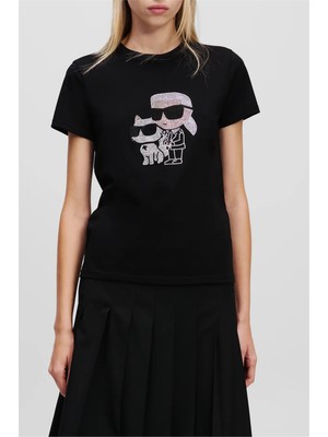 Karl Lagerfeld Ikon Rs Duo Kadın Bisiklet Yaka T-Shirt Siyah