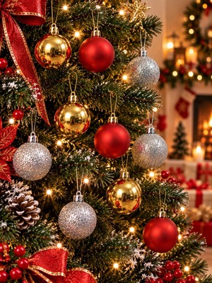 Marsilyan 12'li Set 4 cm Karışık Yılbaşı Ağacı Süsü – Mat, Simli ve Parlak Karışık Çam Ağacı Topu Noel Süsü