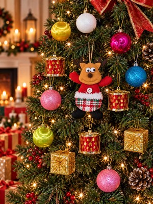 Marsilyan 13 Parça Yılbaşı Ağacı Süs Seti Renkli Top Davul Hediye Paketi Geyik Figürlü Noel Yılbaşı Ağacı Süsü