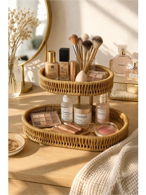 Maison Luré Modern 29X18 cm 2 Katlı Hasır Görünümlü Rattan Düzenleyici Raf Makyaj & Takı Organizeri