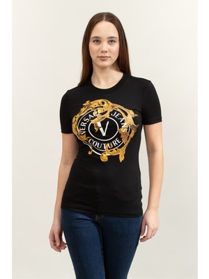 Versace Jeans Couture Jersey Stretch Kadın Bisiklet Yaka T-Shirt Siyah