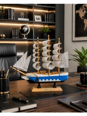 Marsilyan Kişiye Özel Ahşap Dekoratif  Yelkenli Gemi Maketi 24 x 24 cm – Premium Ofis Masası Dekoru 529C
