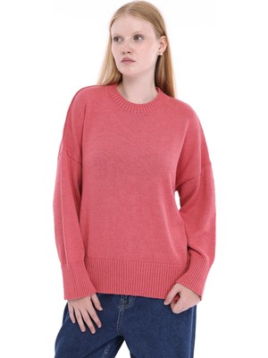 Trist Star Pembe Kadın %100 Pamuk Oversize Düz Örgü Düşük Omuz Bisiklet Yaka Triko Kazak TRIST-6168