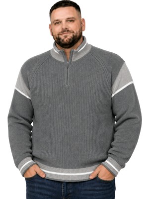 Battal Moda Erkek Büyük Beden Füme Hattush Fermuarlı Dik Yaka Desenli Triko Kazak 3xl-4xl-5xl-6xl