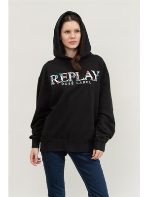 Replay Over Kadın Kapüşonlu Sweatshirt Siyah