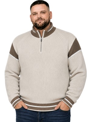 Battal Moda Erkek Büyük Beden Koyu Bej Hattush Fermuarlı Dik Yaka Desenli Triko Kazak 3xl-4xl-5xl-6xl