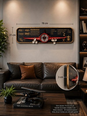 Marsilyan 3D Metal Uçak Duvar Saati 78X21 cm Havacılık Temalı Dekoratif Duvar Tablosu Lüx Ev Ofis Hediyelik