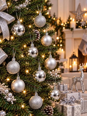 Marsilyan 12'li Set 4 cm Gümüş Yılbaşı Ağacı Süsü – Mat, Simli ve Parlak Karışık Çam Ağacı Topu Noel Süsü