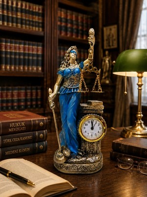 Marsilyan Adalet Heykeli Saatli Biblo – Terazili Adalet Tanrıçası Figürü – Hukuk Bürosu ve Ofis Dekoru