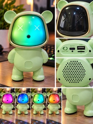 Marsilyan Ayıcık Bluetooth Hoparlör Rgb Animasyon Işıklı Yüksek Ses Çıkışlı USB ve Kart Mini Speaker Yeşil