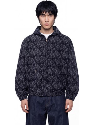 Machinist Erkek Desenli Kapüşonlu Jean Ceket Blue Ikat