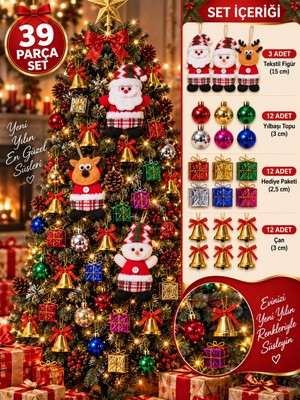 Marsilyan 39 Parça Yılbaşı Ağacı Süs Seti Noel Baba Kardan Adam Geyik Top Çan Hediye Paketi Dekorasyon