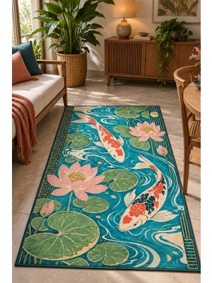 Rugs Modern Halı Dora Vintage Çiçek Desenli Turkuaz, Yeşil ve Kırık Beyaz Ince Dokuma Taban Salon Halısı OZL186