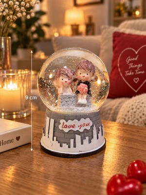Marsilyan Işıklı Kar Küresi 9 cm Romantik Çift Figürlü Love You Kar Küresi Sevgiliye Hediye Dekoratif Biblo