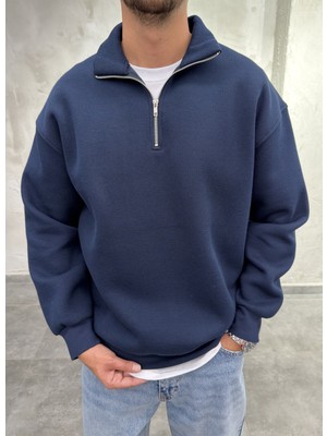 Difransel Jeans Yaka Yarım Fermuarlı Şardonlu Lacivert Sweatshirt