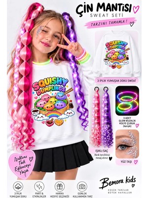 Bemora Kids Kız Çocuk 3 Iplikli Sweatshirt Sukuşi Dumplınk Çin Mantısı + 3ADET Işıklı Bileklik + Tasarım Işıklı Saç(Saçrenginimağazamızamesajolarakiletiniz Mor Yada Pembe Renk )+Yüz Taşı Yumuşak Dokuludur