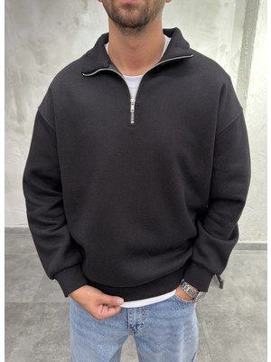 Difransel Jeans Yaka Yarım Fermuarlı Şardonlu Siyah Sweatshirt