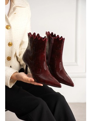 Dabab Shoes Carmen Kadın Bordo Kroko Rugan Sivri Burun Fermuarlı Sıcak Astarlı 7 cm Ince Topuklu Bot Bootie