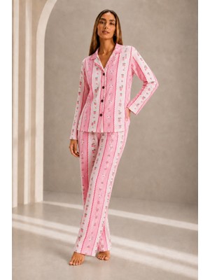 Fit Women Kadın Önden Düğmeli Uzun Kollu Alt Üst Pembe Pijama Takımı
